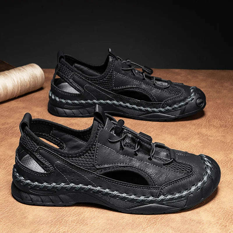 Summer Men Full Casual Leather Hand Stitch Big Size Outdoor Beach Sandals Closed Toe Non Slip Comfort New Summer Walking Shoes