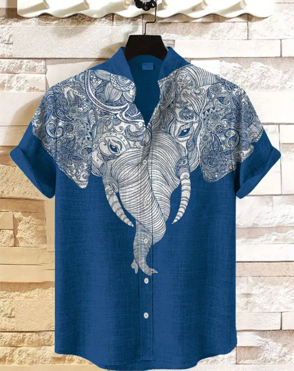 New Retro Men's Ethnic Elephant Pattern Print Lapel Shirt, Fashion Casual Short Sleeve Linen Neuheiten in Oberteile Und T-shirts