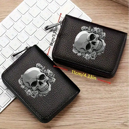 Gothic Skull Floral Print Wallet Multifunctional Card Holder Zipper Coin Purse Unique Gift For Men Mini Wallet Purse Card Holder