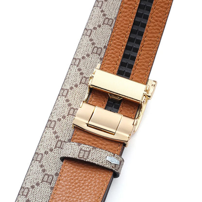 Classic B Print Leather Belt for Men - Adjustable Ratchet Buckle Dress Belt for Suits & Trousers