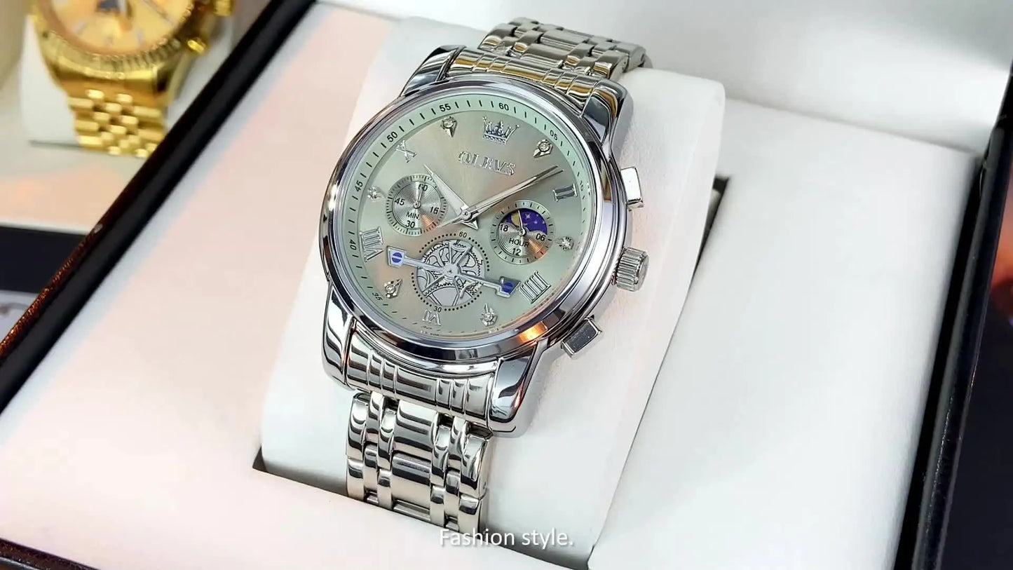 OLEVS Men's Watches Classic Multifunctional Flywheel Chronograph Original Quartz Wristwatch Moon Phase 24 Hour Waterproof Reloj