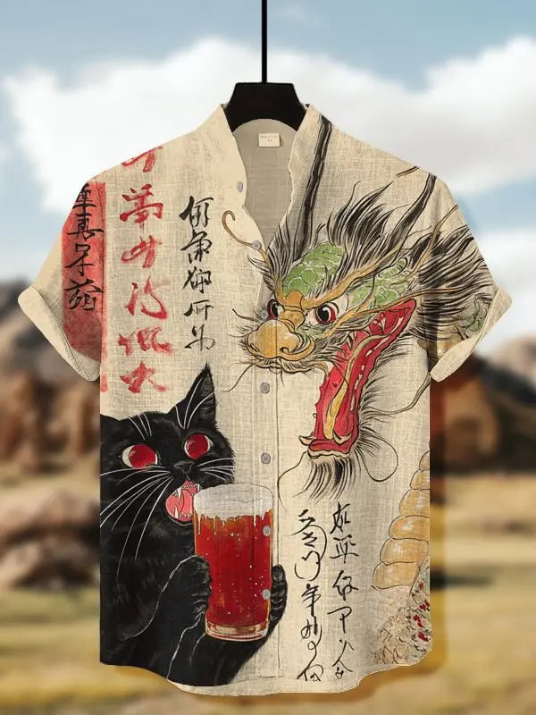 Men's Edo Cat Samurai Warrior Japanese Art Anime Shirts 3D Print Casual Hawaiian Shirts Summer Men Women Short Sleeve Blouse Top
