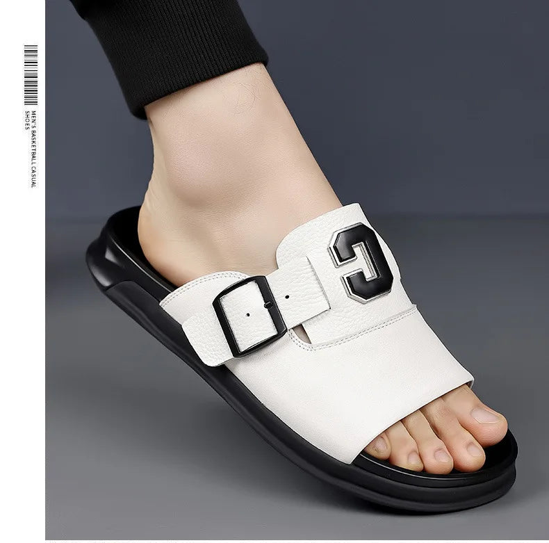 Men Outwear Genuine Leather Slippers for Men Fashion Buckle Designer Summer Flip-flops Male Casual Non-slip Beach Shoes Man