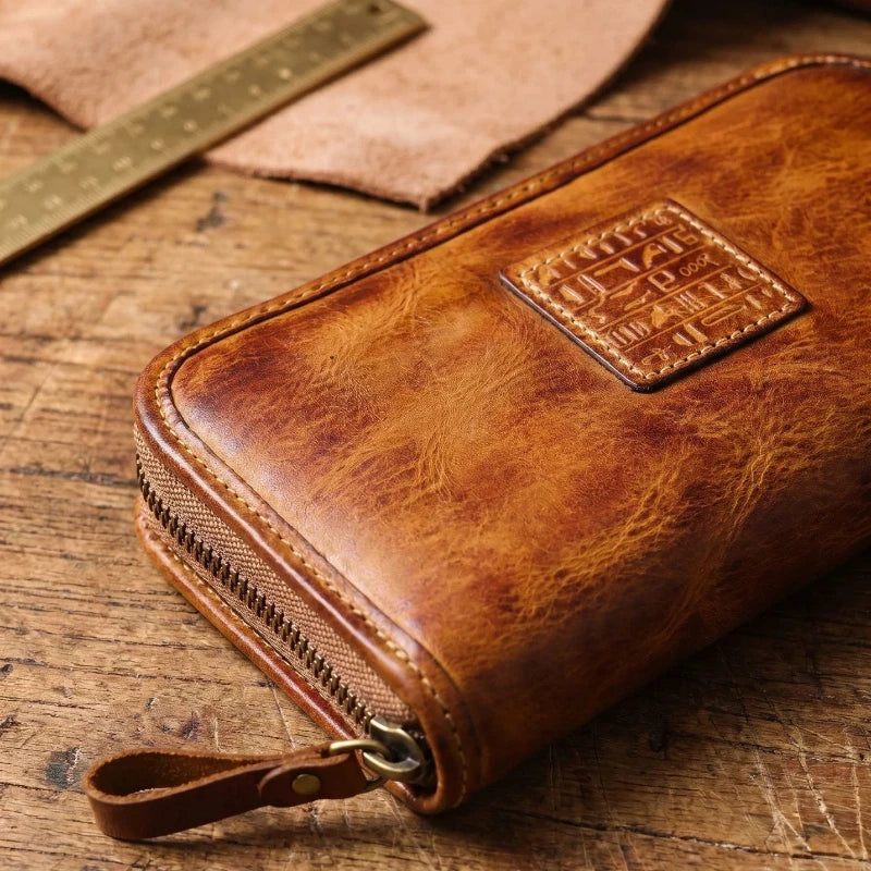 YETTIES Men's Vegetable Tanned Leather Long Clutch Wallet Large Capacity Multi-Function Document Vintage Business Handheld Purse