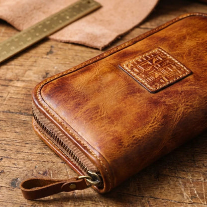 YETTIES Men's Vegetable Tanned Leather Long Clutch Wallet Large Capacity Multi-Function Document Vintage Business Handheld Purse
