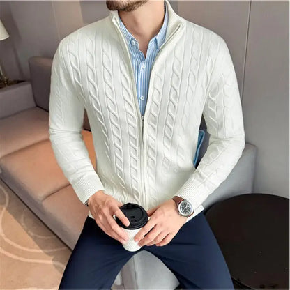 Men's Sweater Autumn Winter New Slim Fit Stand Collar Zipper Knitted Cardigan Fashion Solid Color Warm Stretch Knit Tops Coats