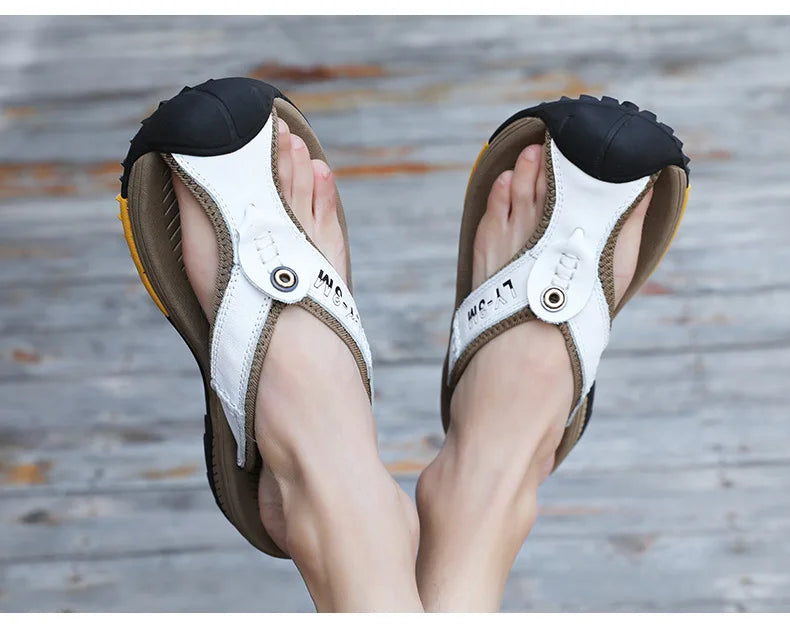 Genuine Cow Leather Shoes Men Sandals Flip Flops Men's Casual Shoes Classic Massage Men Beach Slippers Anti-slip Summer 2025 New
