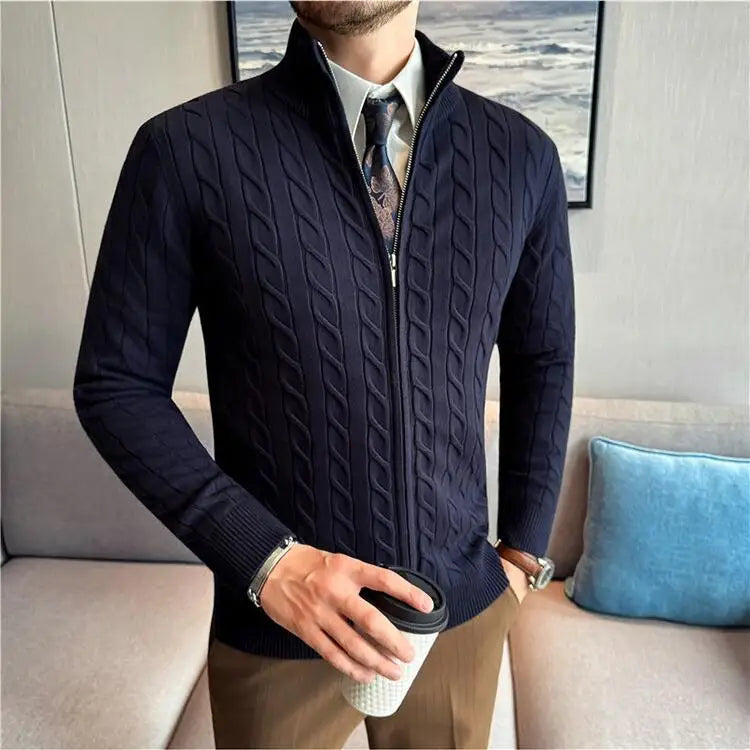 Men's Sweater Autumn Winter New Slim Fit Stand Collar Zipper Knitted Cardigan Fashion Solid Color Warm Stretch Knit Tops Coats