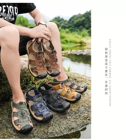 2026 New Men's Sandals Handmade Thick Bottom Rubber Breathable Casual Slip-On Beach Shoes Leather Upgraded Version