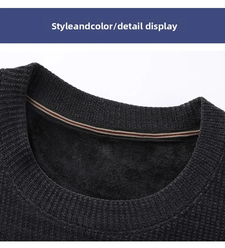 Fleece-Lined Knitted Pullover Sweater Casual Jumper for Men Insulated Warm Long Sleeve Thick Material Round Neck Design