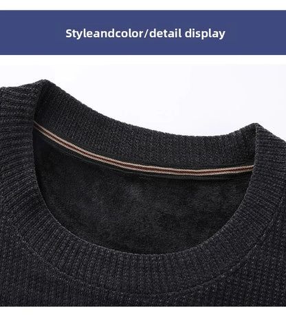 Fleece-Lined Knitted Pullover Sweater Casual Jumper for Men Insulated Warm Long Sleeve Thick Material Round Neck Design