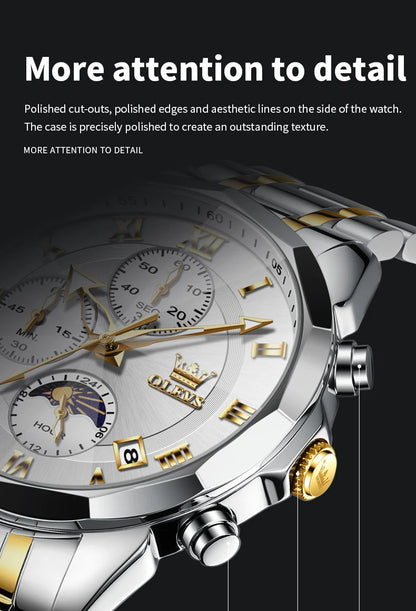 OLEVS 3675 Luxury Calendar Stainless Steel Quartz Mens Wristwatches Chronograph Waterproof Watch for Men Luminous Reloj Hombre