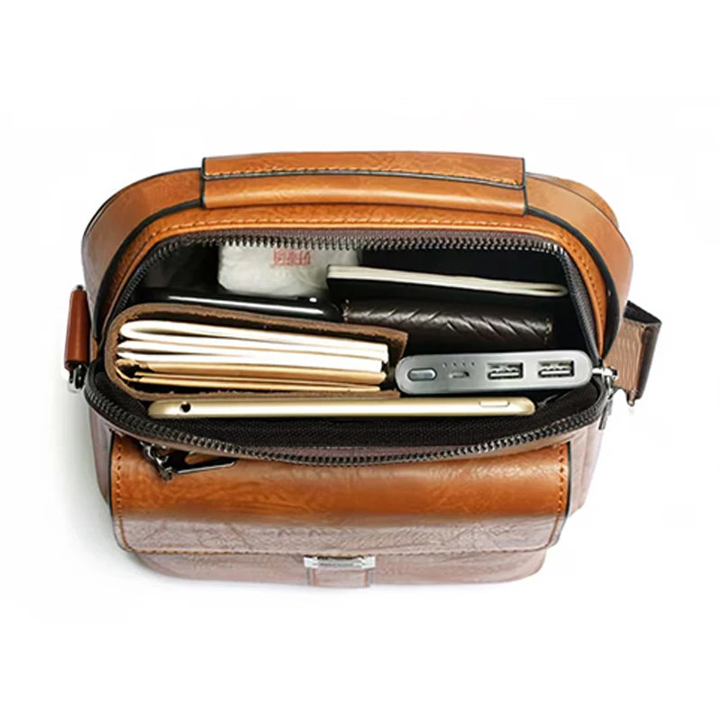 Men Multifunctional Leather Shoulder Bag Multi Pocket Crossbody Messenger Bag Business Travel Handbag with Top Handle Black