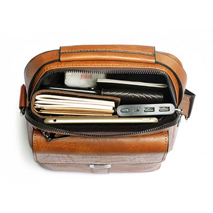 Men Multifunctional Leather Shoulder Bag Multi Pocket Crossbody Messenger Bag Business Travel Handbag with Top Handle Black