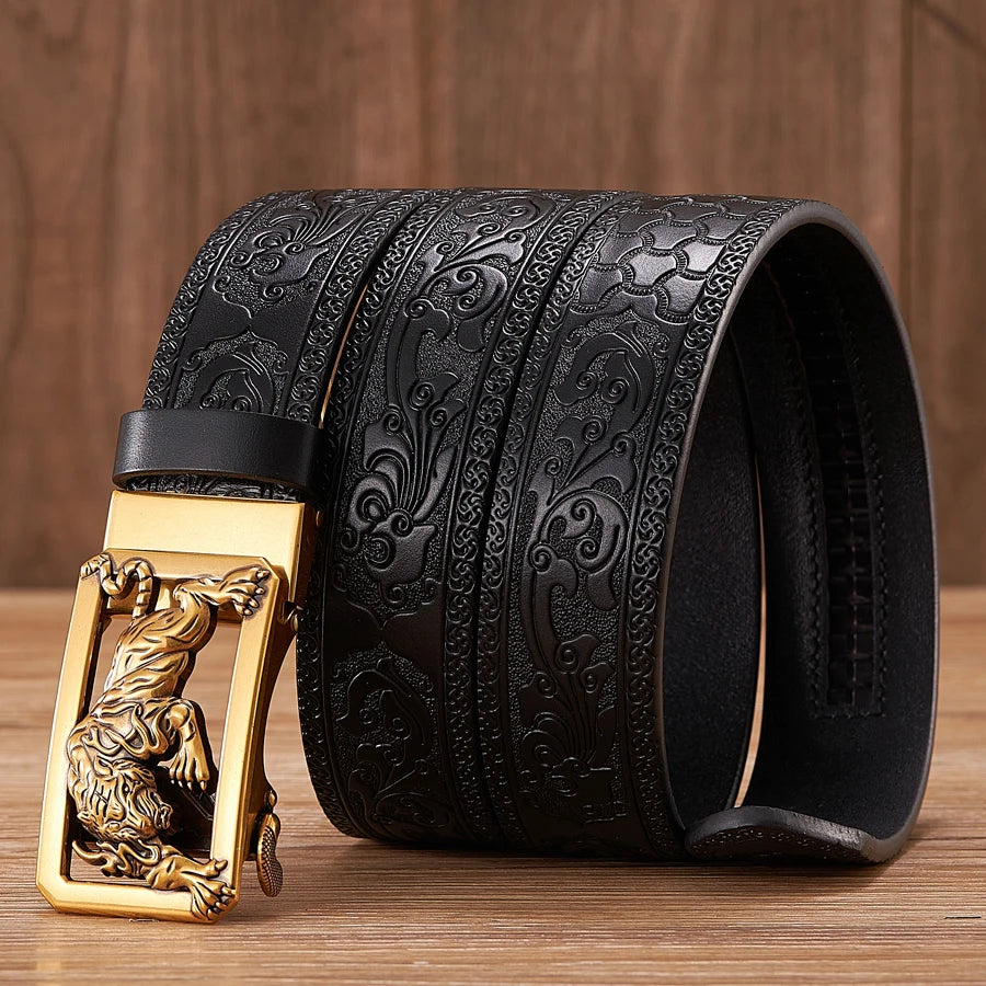 3.5cm Fashion Embossing Retro Male Belts for Men Business Split Leather Belt Dragon Pattern Automatic Buckle Strap