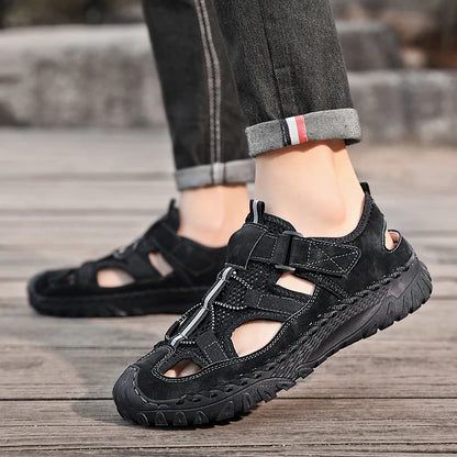 Men Outdoor Protective Toe Sandals Hollow Breathable Mesh Upper Quick Dry Lining Non Slip Walking Camping Driving Casual Shoes