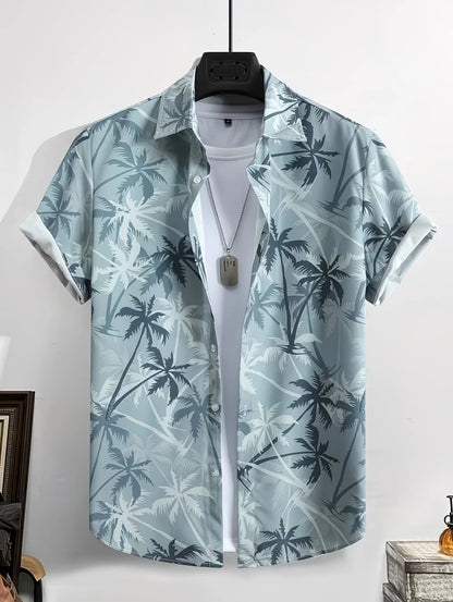 Men's Coconut Tree Graphic Print Short Sleeve Lapel Shirt Tops Men's Casual Button-Down Shirts for Summer Daily Wear Men Clothes