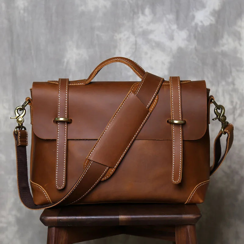 Retro Crazy Horse Leather Commuter Handbag Top Layer Cowhide Old Postman Bag British Style Leather Diagonal Shoulder Bag Male