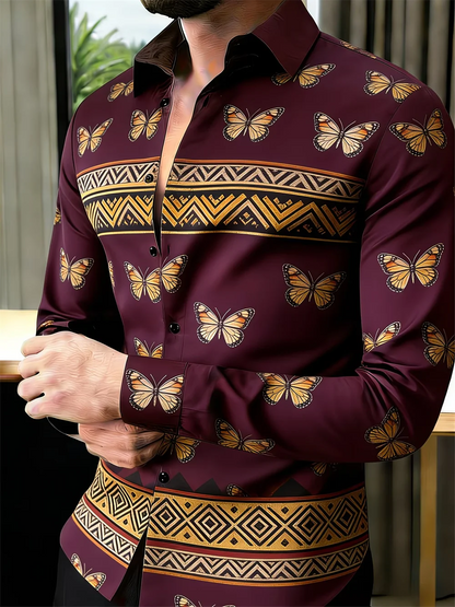 New men's 3D printed long sleeved shirt with high-quality gear pattern casual long sleeved lapel top