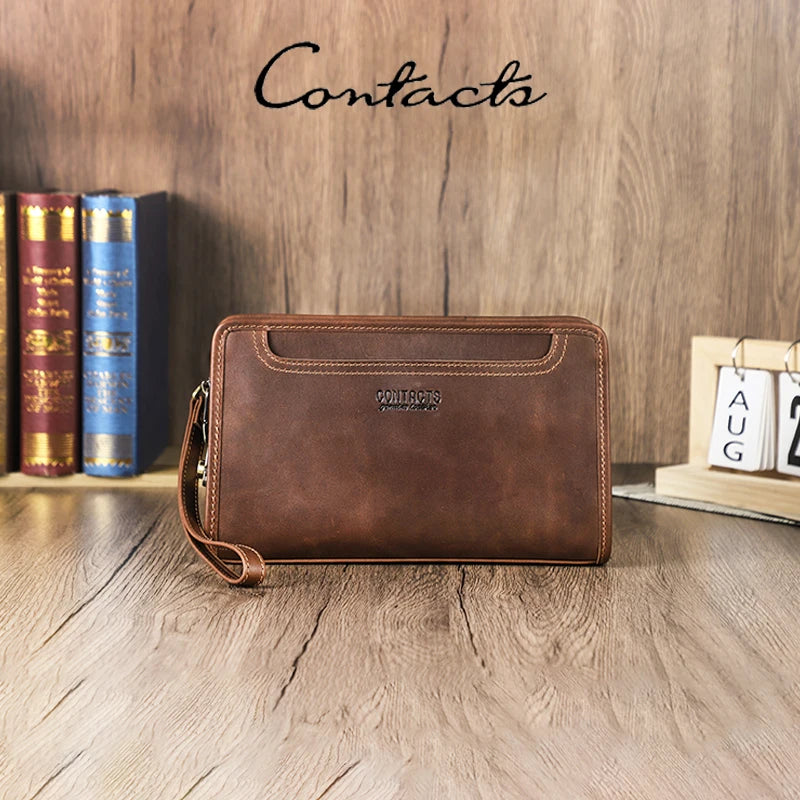 CONTACT'S Genuine Leather Handbag Men Vintage Small Cluth Bag 6 Card Holder iPad Mini Metal Lock Travel Business Pouch Bag