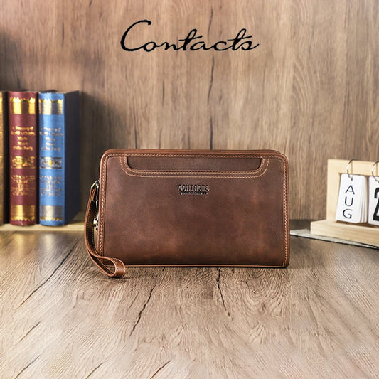 CONTACT'S Genuine Leather Handbag Men Vintage Small Cluth Bag 6 Card Holder iPad Mini Metal Lock Travel Business Pouch Bag