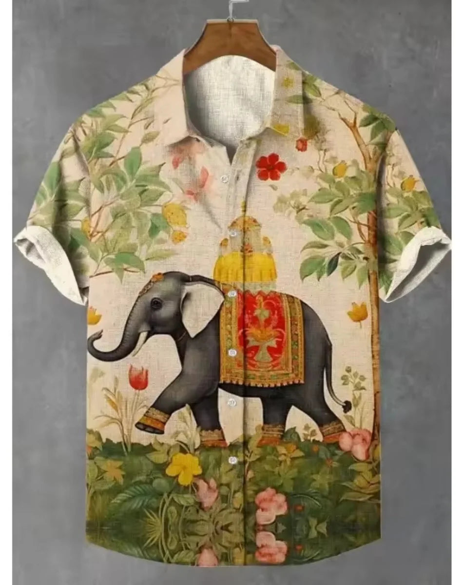 New Retro Men's Ethnic Elephant Pattern Print Lapel Shirt, Fashion Casual Short Sleeve Linen Neuheiten in Oberteile Und T-shirts