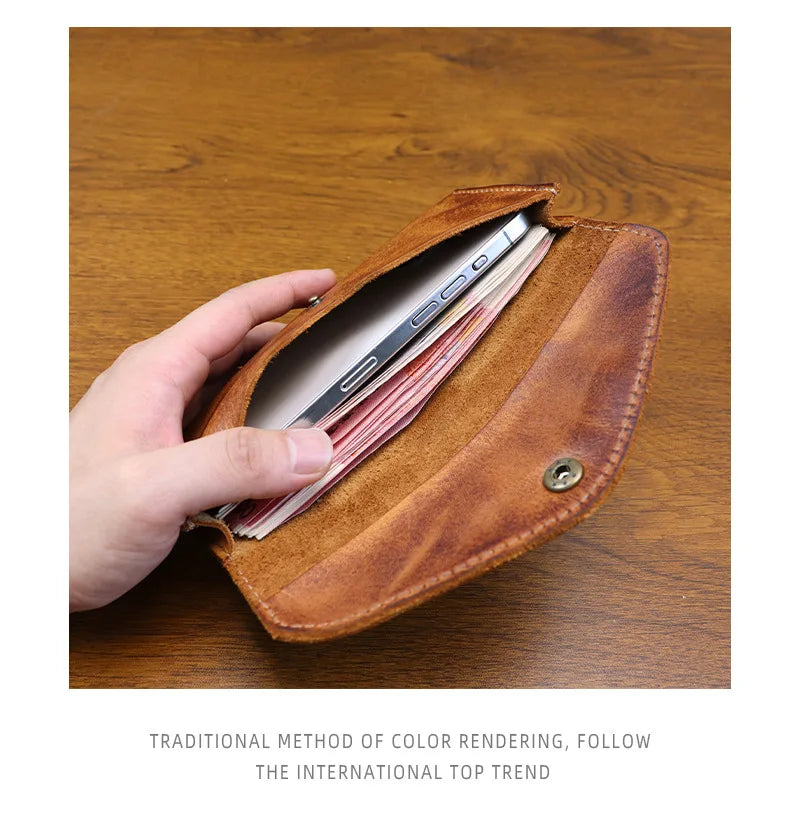 Genuine Leather Retro Men Handmade Wallet Handbag High Quality Phone Pocket Simple Card Bag Big Capacity Male Purses