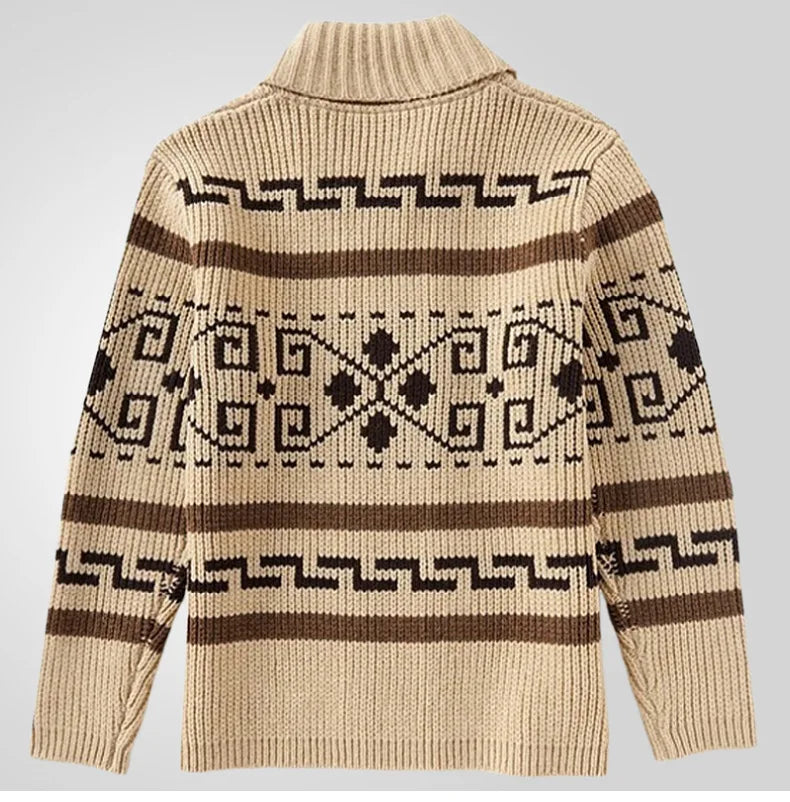 Men's Geometric Knit Cardigan Shawl Collar Full Zip-Up Tribal Print Sweater Chunky Ribbed Knit Vintage Navajo-Inspired Jacket