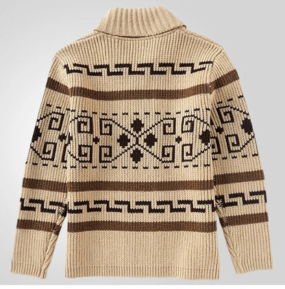 Men's Geometric Knit Cardigan Shawl Collar Full Zip-Up Tribal Print Sweater Chunky Ribbed Knit Vintage Navajo-Inspired Jacket