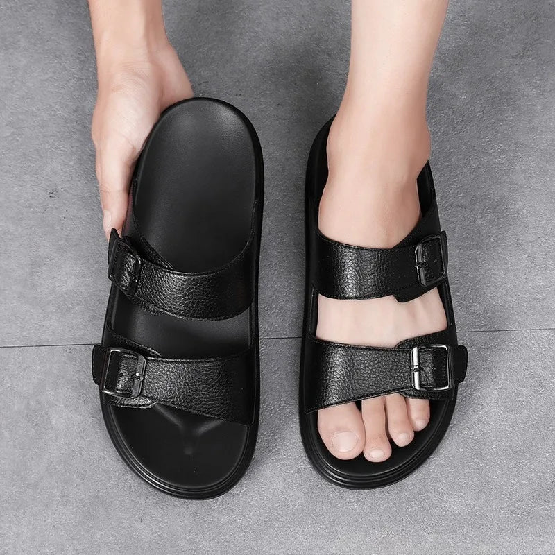 Summer Men's Slippers High Quality Cow Leather Sandals Outdoor Non Slip Platform Sandals Comfort Casual Slippers for Men Slides