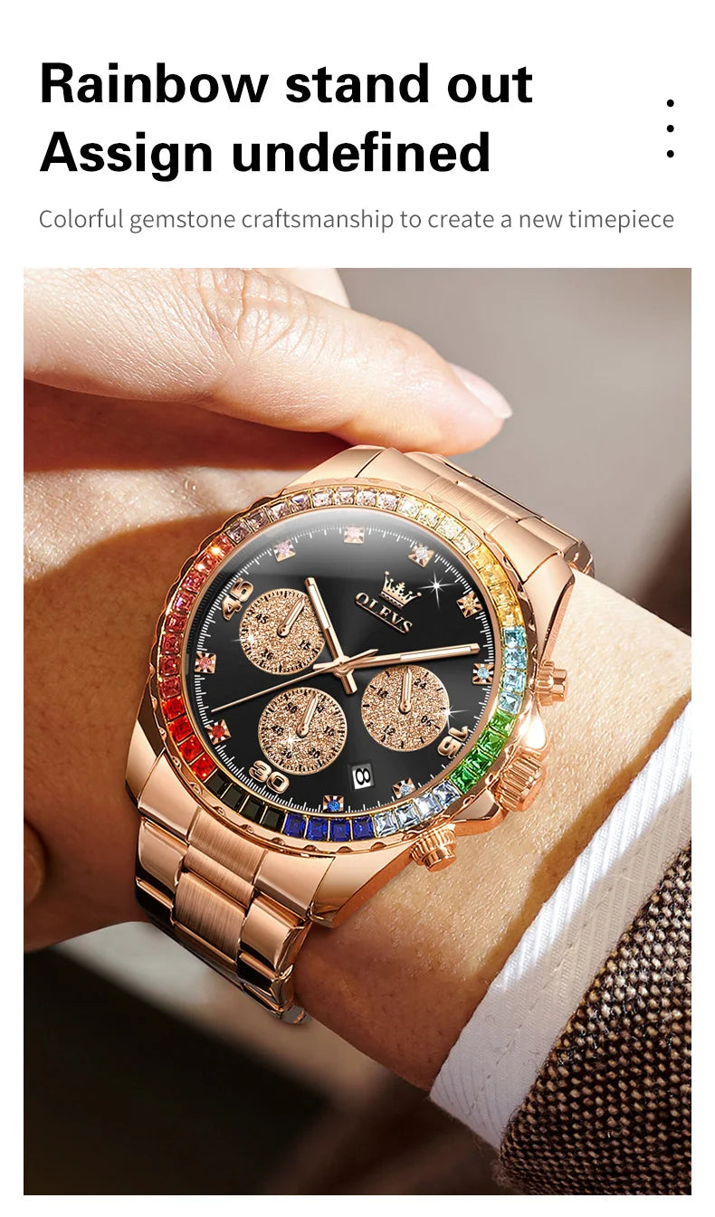 Watch for Men OLEVS Rainbow Gemstone Bezel Business Luxury Top Brand Quartz Watches Waterproof Sports Watches reloj hombre