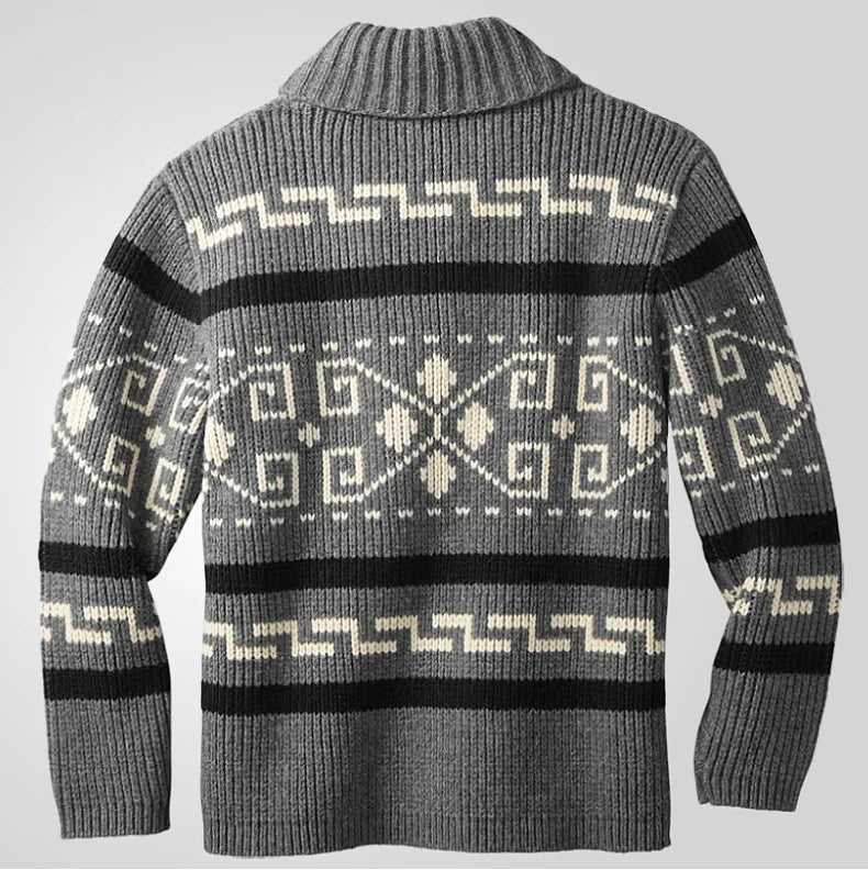Men's Geometric Knit Cardigan Shawl Collar Full Zip-Up Tribal Print Sweater Chunky Ribbed Knit Vintage Navajo-Inspired Jacket