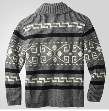 Men's Geometric Knit Cardigan Shawl Collar Full Zip-Up Tribal Print Sweater Chunky Ribbed Knit Vintage Navajo-Inspired Jacket