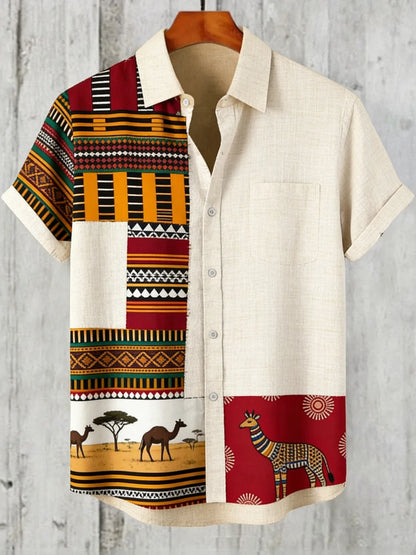 2026 Summer Men's Linen Short Sleeve Shirts Funny Animal Ethnic Patterns 3D Printed Shirts Casual Outdoor Designer Clothes Men