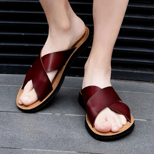 New Arrivals Italian Leather Slippers for Men Summer Hotel Beach High Quality Slip on Light Flats Male Flip Flops Big Size 38-47