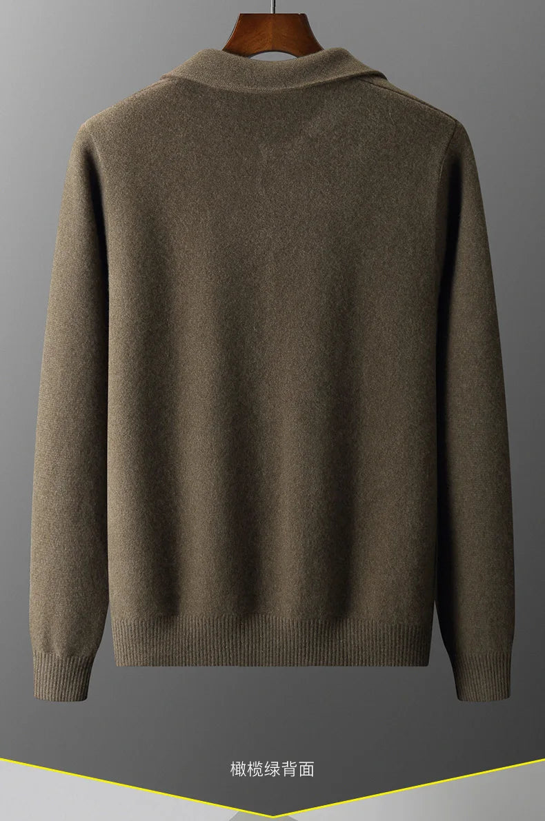 Autumn And Winter 100% Cashmere Cardigan Men's POLO Collar Coat Knitted Baseball Uniform Jacket Bottoming Wool Sweater