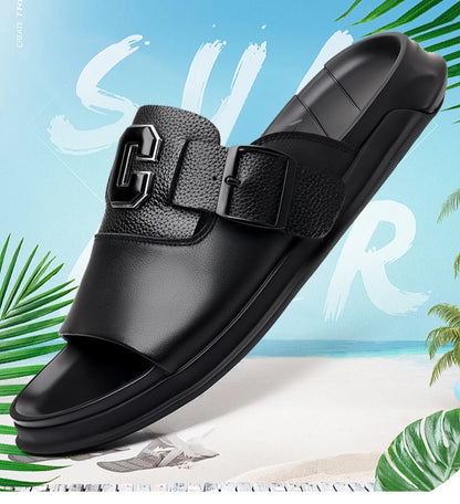 Men Outwear Genuine Leather Slippers for Men Fashion Buckle Designer Summer Flip-flops Male Casual Non-slip Beach Shoes Man