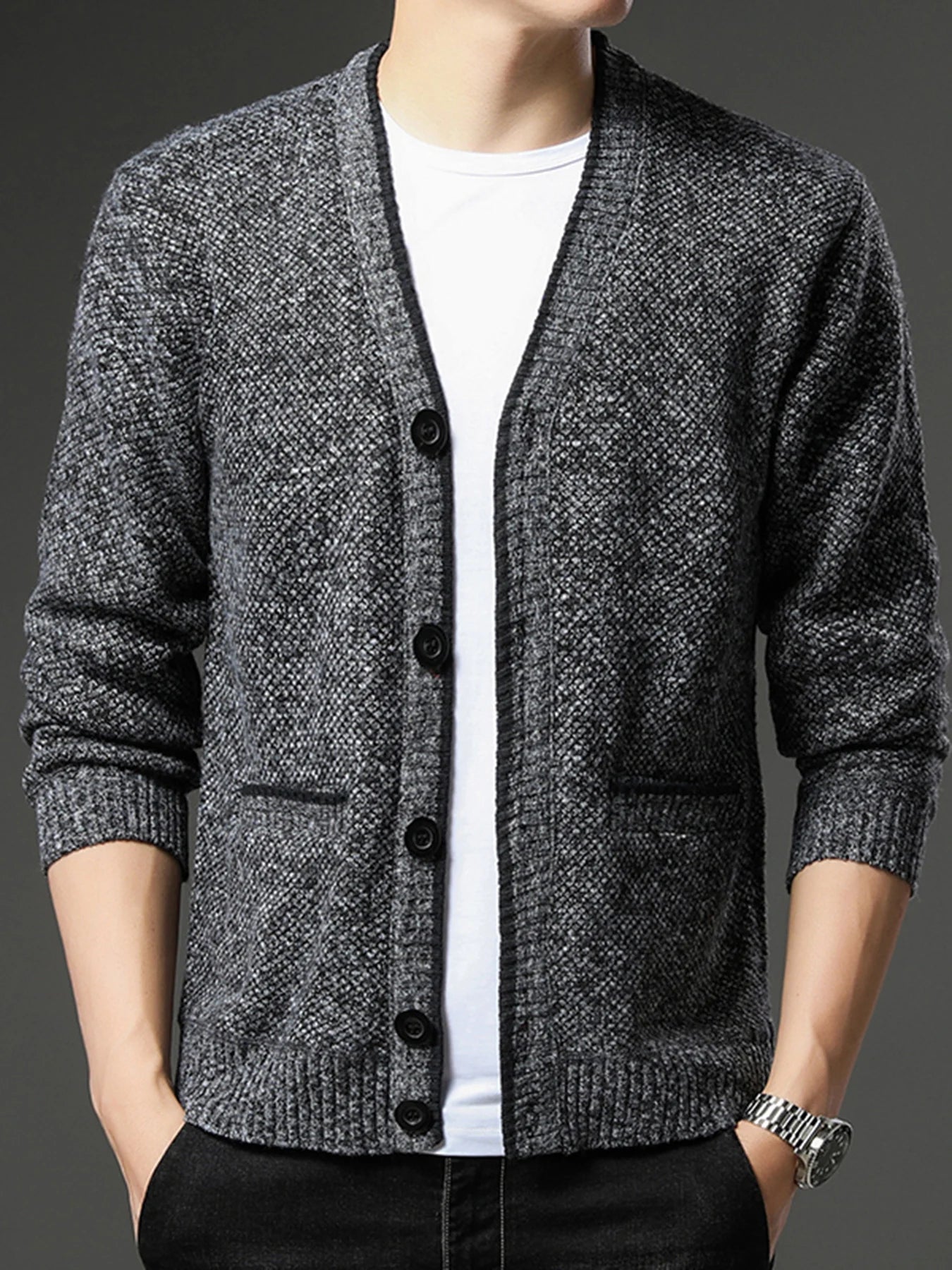 Men's Fleece Lined Knit Cardigan, V-Neck Button Sweater Jacket, Warm Casual Business Knitwear Coat for Autumn Winter