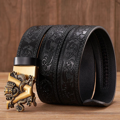 3.5cm Fashion Embossing Retro Male Belts for Men Business Split Leather Belt Dragon Pattern Automatic Buckle Strap