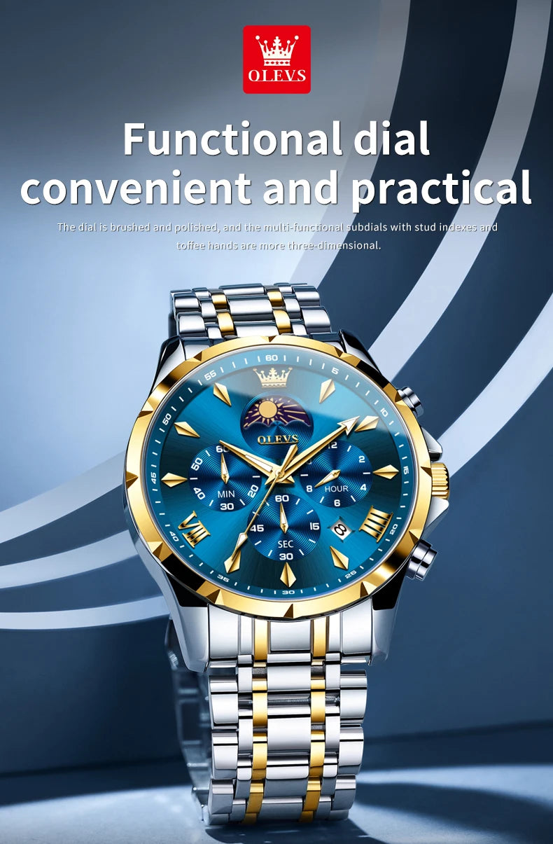 OLEVS 3653 Original Mens Quartz Watch NEW Four Functional Small Dials Chronograph 24-hour Moon Phase Stainless Steel Waterproof Man Wristwatch