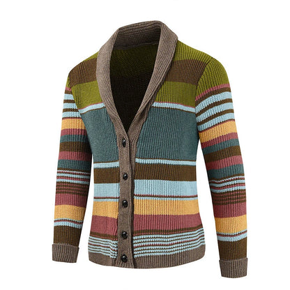Trendy Mens Knitted Cardigans 2025 Spring Casual Button-up Lapel Sweatercoats Men Vintage Rainbow Striped Sweater Jacket Coats