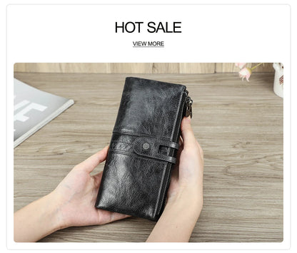 CONTACT'S Men Clutch Wallet Genuine Leather Long Wallet Hasp Card Holder Vintage Male Zipper Coin Purse Money Clip Women Purse