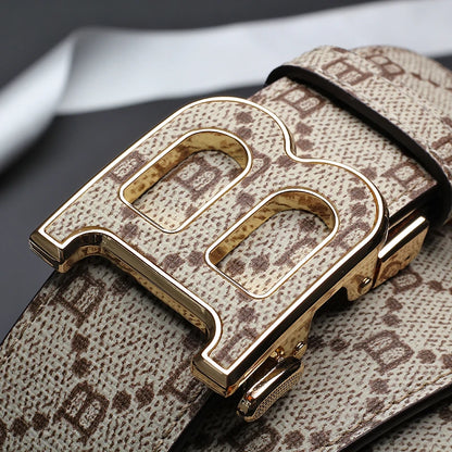 Classic B Print Leather Belt for Men - Adjustable Ratchet Buckle Dress Belt for Suits & Trousers