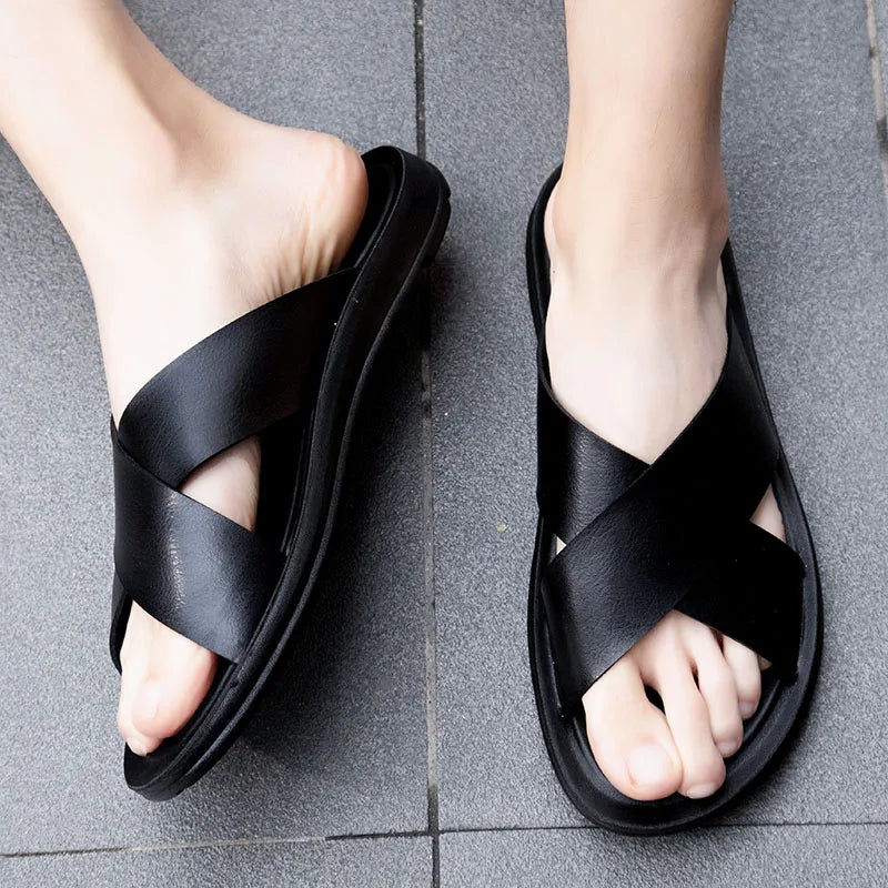 New Arrivals Italian Leather Slippers for Men Summer Hotel Beach High Quality Slip on Light Flats Male Flip Flops Big Size 38-47