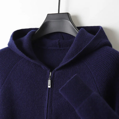 Men 100% Merino Wool Sweater Hooded Zipper Cardigan Autumn Winter Thickened Knit Large-size Jacket Long Sleeved Sportswear Coat