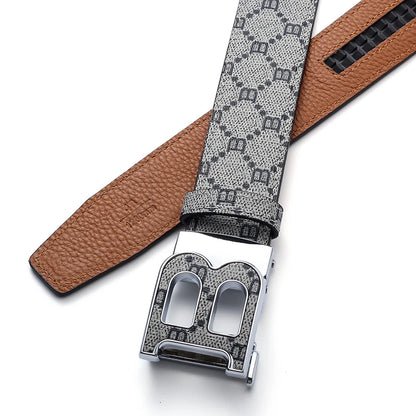 Classic B Print Leather Belt for Men - Adjustable Ratchet Buckle Dress Belt for Suits & Trousers
