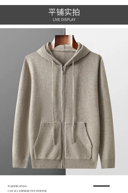 Autumn And Winter Men's 100% Pure Wool Cardigan Warm Zipper Hooded Casual Knitted Cashmere Coat