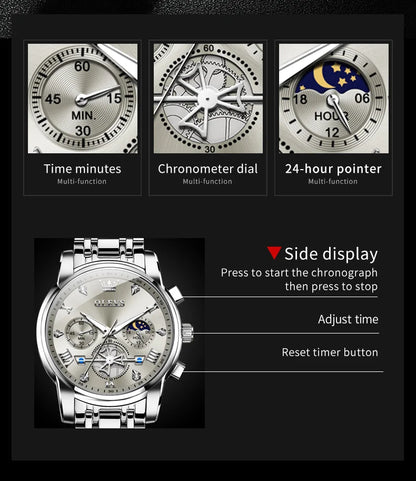 OLEVS Men's Watches Classic Multifunctional Flywheel Chronograph Original Quartz Wristwatch Moon Phase 24 Hour Waterproof Reloj