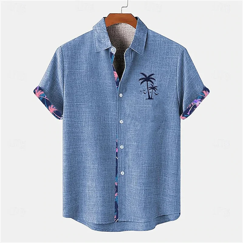 2026 Summer Men's Short-Sleeve Shirt, Coconut Tree Print, Color-Blocked Placket, Casual Vacation Beach Shirt, Hawaiian Shirt