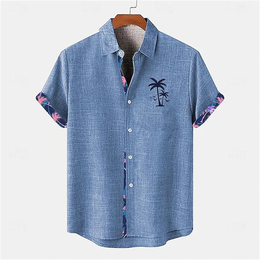 2026 Summer Men's Short-Sleeve Shirt, Coconut Tree Print, Color-Blocked Placket, Casual Vacation Beach Shirt, Hawaiian Shirt